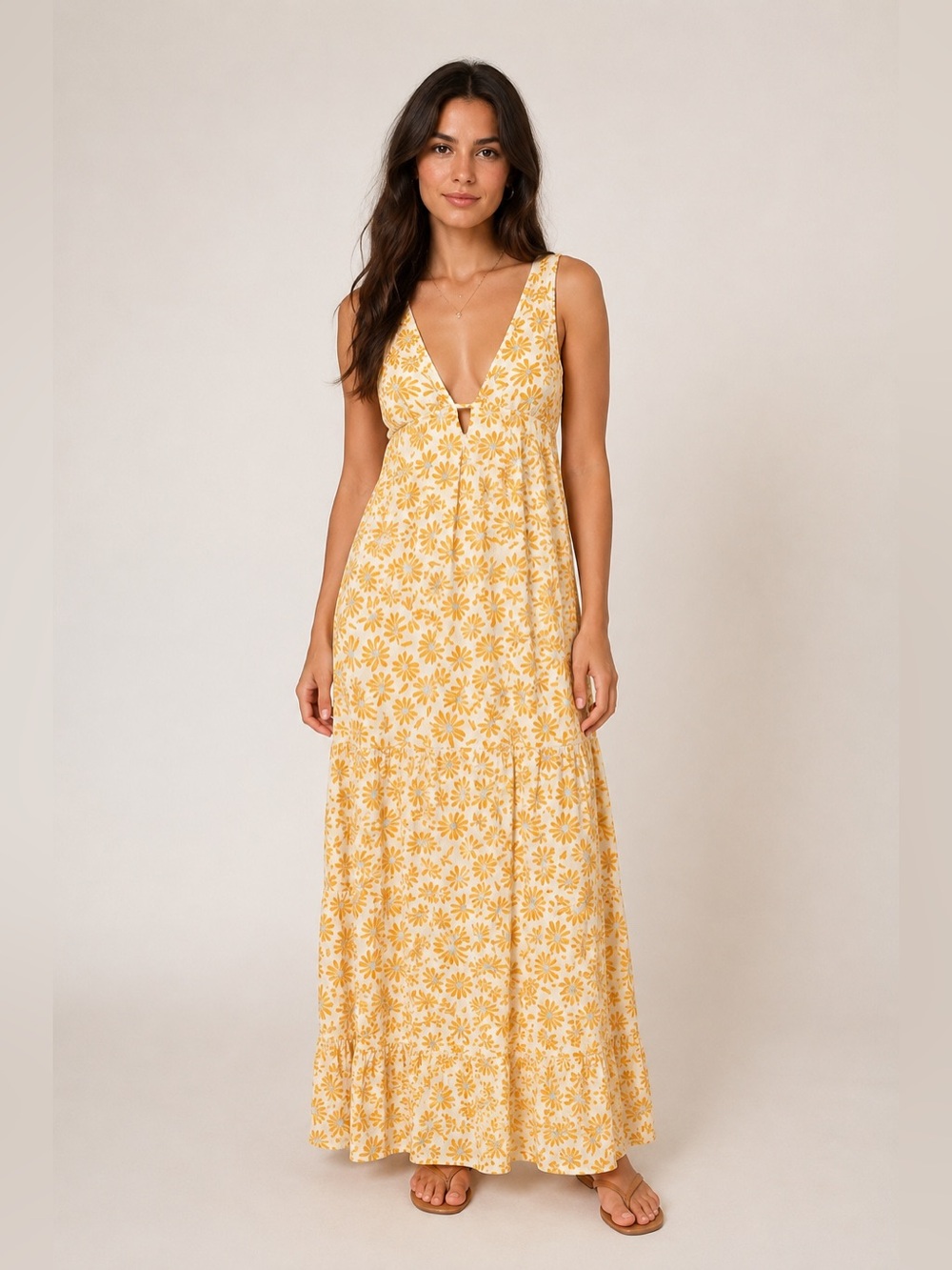 Love Tree Maxi Dress Deep neck Size Small Yellow White Daisy Floral Empire Waist